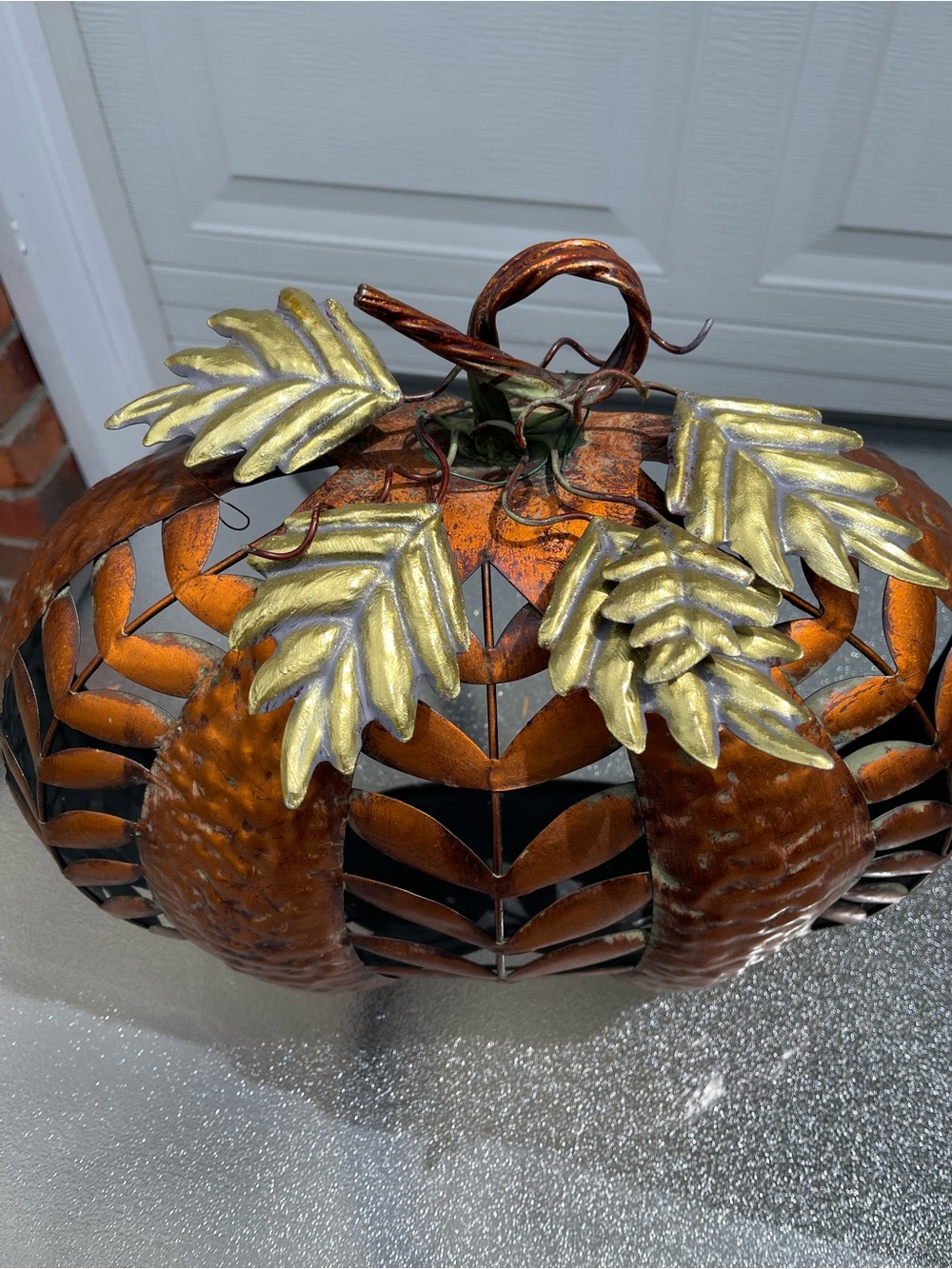 Metal Pumpkin Tabletop Decor in Copper color with Gold Toned Leaves